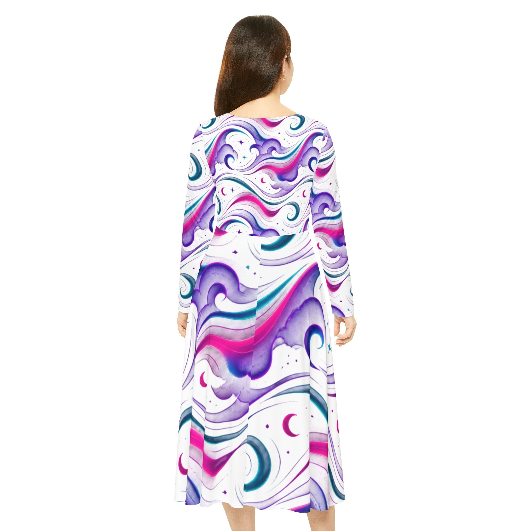Long Sleeve Dance Dress - Pastel Cosmic Waves AOP