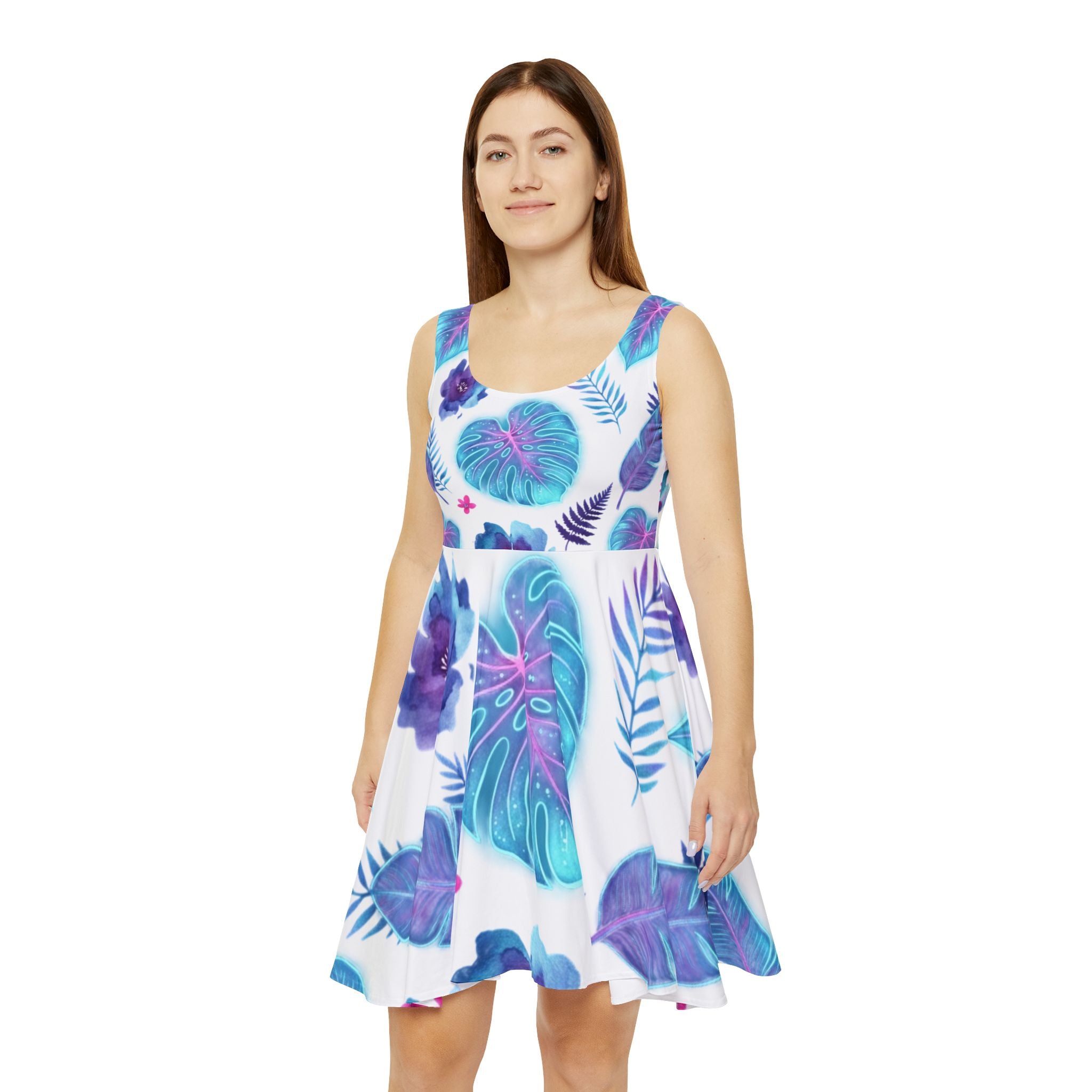 Tropical Leaf Skater Dress – Blue Purple Botanical AOP