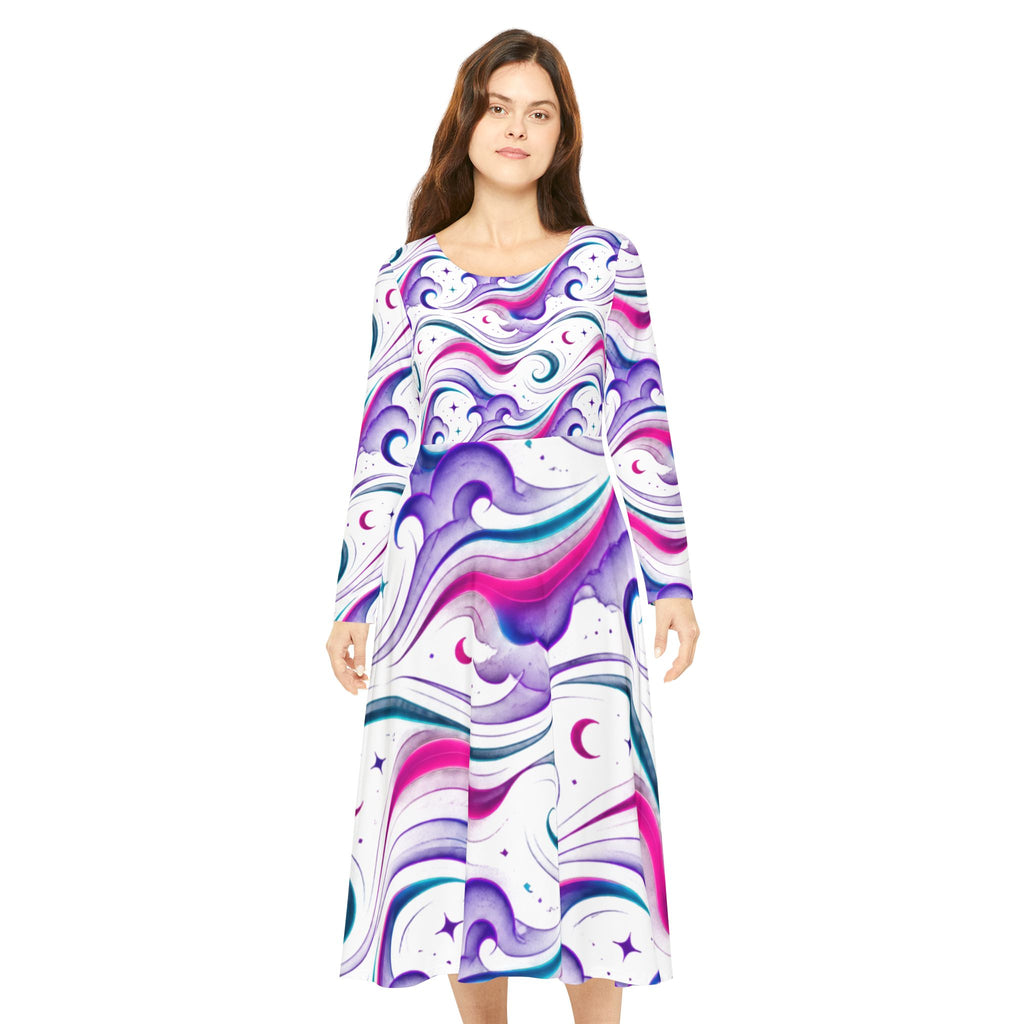 Long Sleeve Dance Dress - Pastel Cosmic Waves AOP