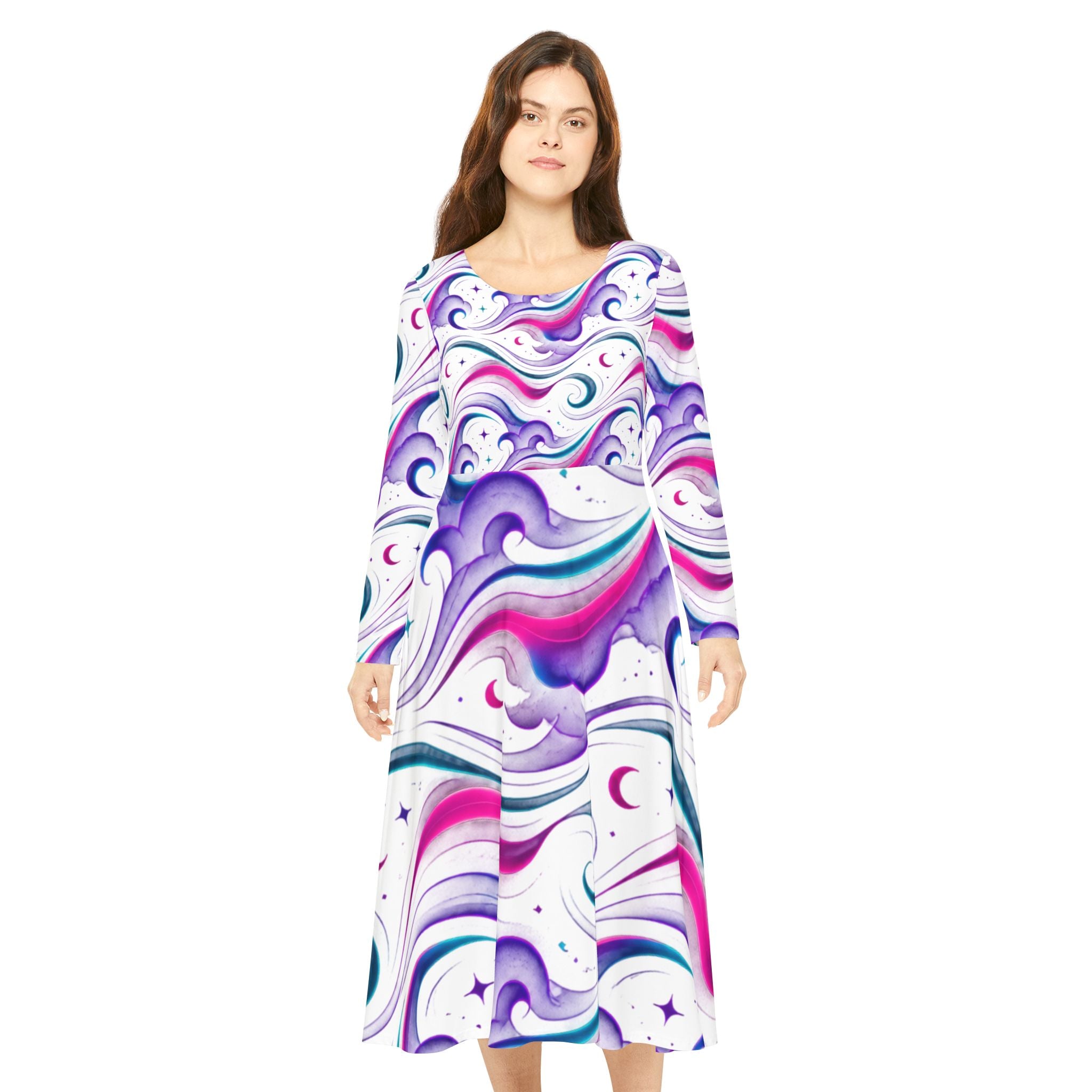 Long Sleeve Dance Dress - Pastel Cosmic Waves AOP