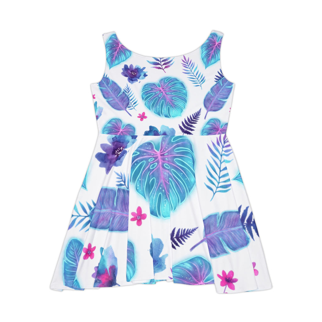 Tropical Leaf Skater Dress – Blue Purple Botanical AOP
